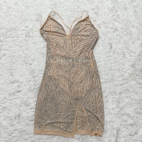 AKIRA Dresses & Skirts - Women Akira Rhinestone Bodycon Mini Dress With Front Split in Nude Size Medium
